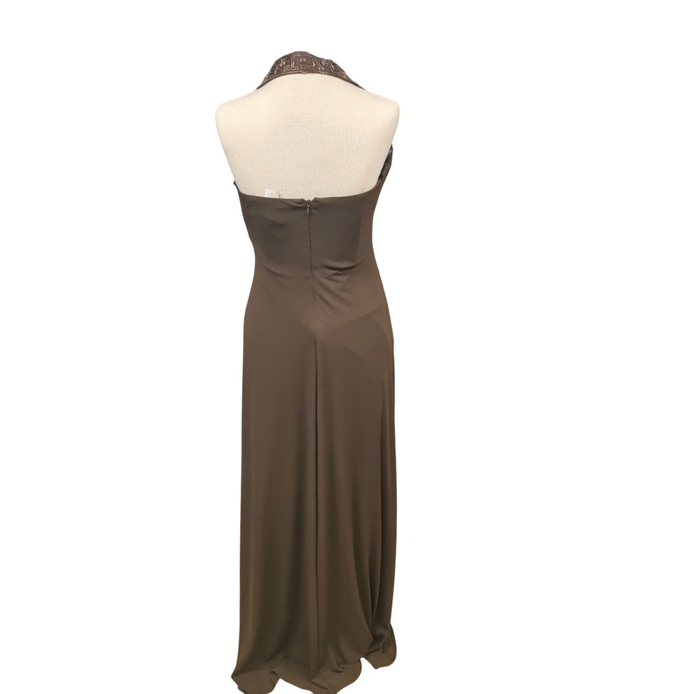 Laundry by Shelli Segal Halter Gown Womens 2 Brown Good Beaded Plunge Neck - Picture 5 of 12